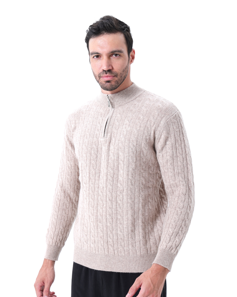 Suéter Trançado 100% Cashmere com Meio Zíper