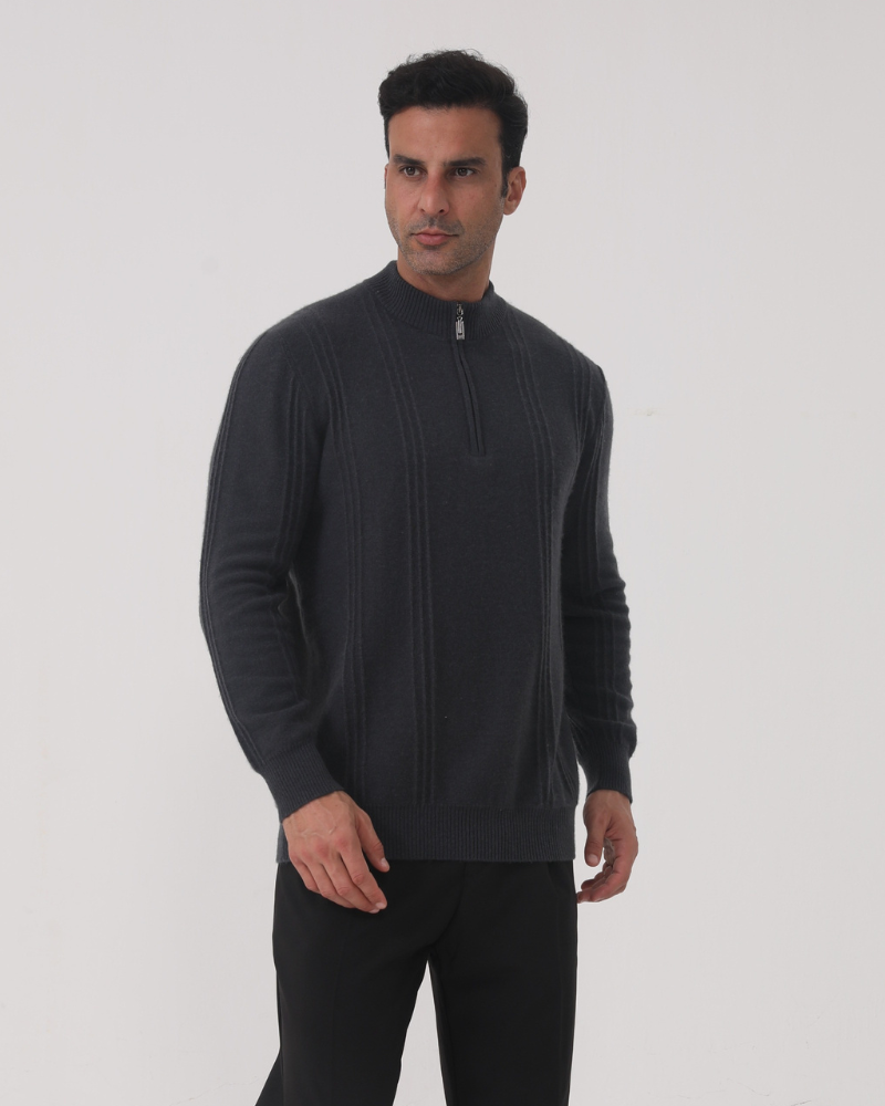 Suéter 100% Cashmere Canelado com Meio Zíper