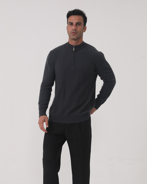Suéter 100% Cashmere Canelado com Meio Zíper